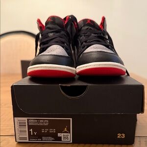 Jordan 1 Mid PS Black and Red Kids' Sneakers